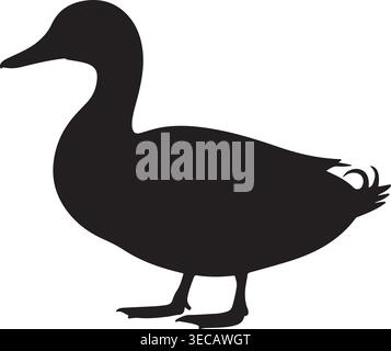 Silhouette noire d'un canard debout, isolé sur un fond blanc, vue de côté. Illustration graphique vectorielle simple d'une sauvagine, aviaire, anseriforme. Illustration de Vecteur
