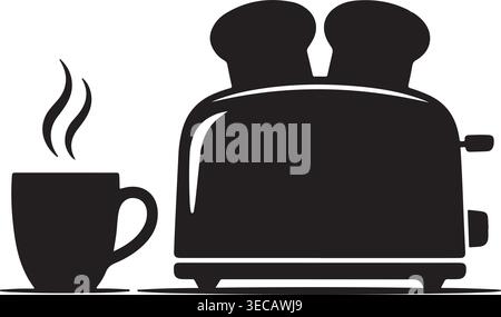 Icône de silhouette noire représentant un grille-pain moderne à deux tranches avec du pain prêt pour le petit déjeuner, associé à une tasse de café ou de thé chaud à la vapeur. Illustration de Vecteur