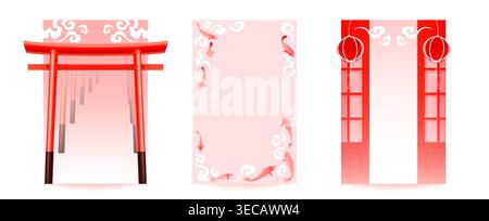 Cartes japonaises avec porte torii, poisson koi et motif de nuage traditionnel, ensemble de fond vectoriel oriental. Éléments culturels authentiques, affiches avec arc de pagode rouge, lanternes et design minimaliste Illustration de Vecteur