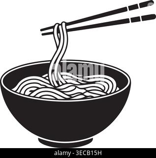 Illustration vectorielle minimaliste en noir et blanc représentant un bol de nouilles asiatiques fumantes avec baguettes soulevant des brins, idéal pour les thèmes culinaires. Illustration de Vecteur