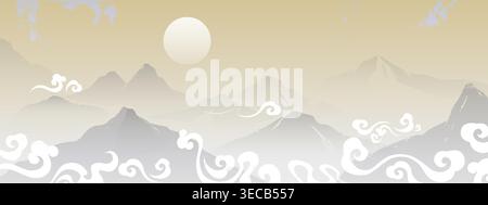 Paysage de montagne japonais avec motif de nuages coulants. Illustration vectorielle de paysage oriental élégant avec le soleil au-dessus des sommets et des boucles blanches abstraites sur fond beige pastel, art asiatique traditionnel Illustration de Vecteur