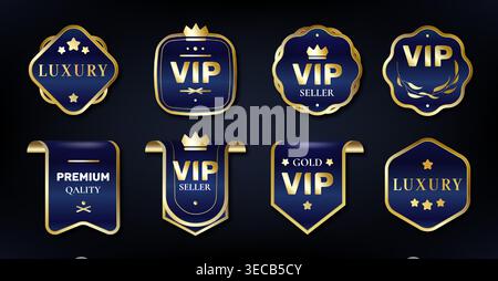 Étiquettes de ruban d'or bleu premium, emblèmes de luxe, icônes vectorielles réalistes isolées sur fond noir. Élégantes bannières dorées, étiquettes pour les récompenses VIP, certificats, promotions exclusives, cadres de badge de sceau Illustration de Vecteur