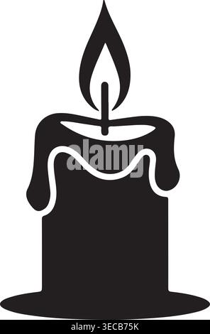 Icône stylisée de silhouette noire d'une bougie allumée avec de la cire qui coule et une flamme vibrante, symbolisant la chaleur, la mémoire, la spiritualité, la célébration, et. Illustration de Vecteur