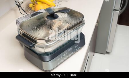 Récipient en verre avec couvercle noir sur la table de cuisson à induction avec vapeur visible et ingrédients à l'intérieur. Cuisson maison étape de cuisson à la vapeur, nourriture dans une casserole couverte, kitch Banque D'Images