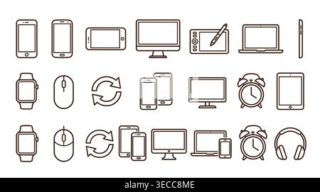 Collection d'icônes de matériel technologique électronique en style linéaire, comprenant des gadgets, le calcul, les écrans, la connectivité et les périphériques. Illustration de Vecteur