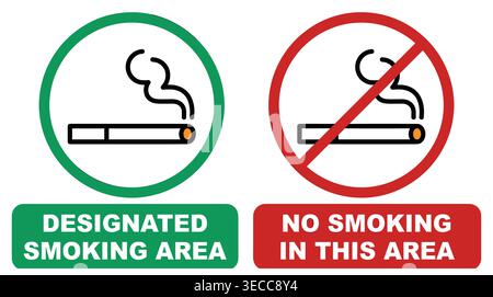 Collection de panneaux de santé publique en style plat, mettant en avant l'usage autorisé du tabac, les zones interdites, la politique et la conformité Illustration de Vecteur
