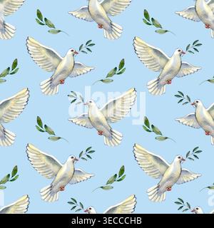 Aquarelle dessinée à la main motif sans couture avec des colombes blanches de paix volant dans le ciel bleu et tenant des branches d'olivier. Symbole religieux et spirituel de Banque D'Images