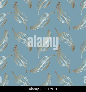 Modèle sans couture de luxe avec des feuilles tropicales dorées sur fond bleu poussiéreux. Art de ligne botanique élégant avec effet de feuille d'or pour papeterie de mariage, Illustration de Vecteur