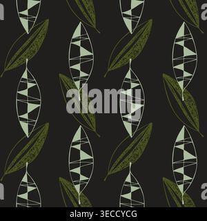 Motif sans couture moderne du milieu du siècle avec des feuilles géométriques abstraites. Illustration botanique rétro en vert olive et sauge sur fond sombre pour stylis Illustration de Vecteur