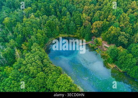 Les eaux turquoises de Blue Lake et la jetée en bois encadrée par une forêt verdoyante pendant une journée d'été lumineuse Banque D'Images