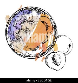 Bol à smoothie à l'encre avec quartiers d'ananas, pêche, tranches d'abricot, bleuets éparpillés. Illustration isolée de l'aquarelle dessinée à la main. Menu tropical Banque D'Images