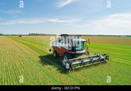 La vue aérienne capture la puissante moissonneuse-batteuse rassemble les récoltes sur un vaste champ vert sous un ciel bleu clair lors d'une journée ensoleillée à proximité Banque D'Images