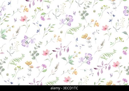 Motif floral aquarelle sans couture avec des fleurs sauvages délicates. Illustration dessinée à la main isolée sur fond pastel. Vecteur EPS. Illustration de Vecteur
