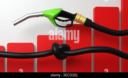 Buse de pompe à carburant avec flexible noué sur graphique à barres ascendantes représentant les coûts énergétiques élevés - rendu 3D. Banque D'Images