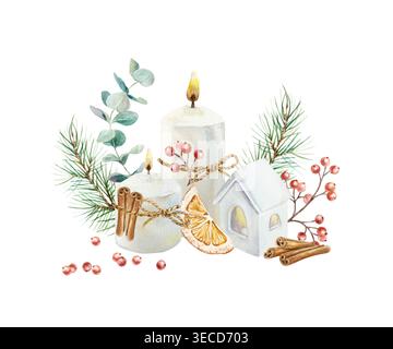 Bougies de Noël décorées de branches de sapin, orange séchée, eucalyptus, pommes de pin, brins de baies rouges et bâtonnets de cannelle. Aquarelle dessinée à la main Banque D'Images