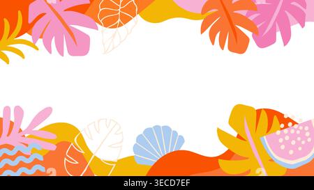 Cadre horizontal d'été exotique avec des feuilles de jungle colorées. Fond de bannière tropicale moderne et modèle d'affiche botanique Illustration de Vecteur
