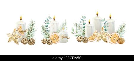 Bougies de Noël décorées de branches de sapin, d'eucalyptus, d'orange séchée et de pommes de pin, ensemble. Illustration d'aquarelle dessinée à la main, isolée. Pour New Yea Banque D'Images