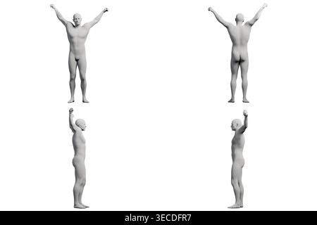 Un mannequin se tient en toute confiance avec les bras levés dans un studio blanc, mettant en valeur une pose audacieuse et puissante. Banque D'Images