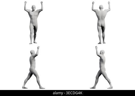 Un mannequin se tient debout avec confiance, les bras levés, mettant en valeur une pose audacieuse et affirmée dans un cadre de studio propre et professionnel. Banque D'Images
