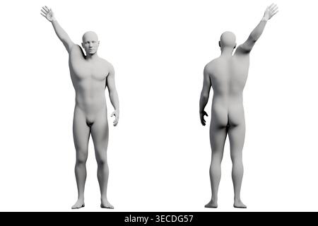 Un mannequin se tient debout avec confiance avec un bras levé, mettant en valeur une pose serrée et affirmée dans un cadre de studio blanc classique. Banque D'Images