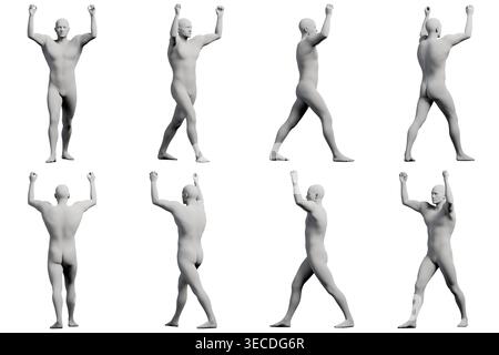 Un mannequin se tient en toute confiance, les bras levés dans un décor blanc de studio, mettant en valeur une pose dynamique sous plusieurs angles. Banque D'Images