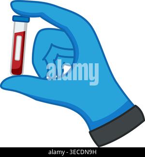 Une main dans un gant bleu tient un tube à essai avec du sang. Expérience scientifique, laboratoire de chimie, test sanguin médical. Illustration pédagogique vectorielle Illustration de Vecteur