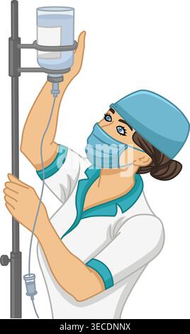L'infirmière prépare le compte-gouttes. Illustration vectorielle d'une infirmière dans une robe médicale, masque de protection, casque et compte-gouttes. Concept de médecine Illustration de Vecteur