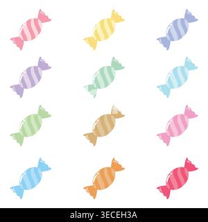 Ensemble de 12 bonbons enveloppés de pastel dans différentes couleurs avec des rayures douces, illustration vectorielle plate isolée sur fond clair, parfait pour le thème de bonbons Illustration de Vecteur