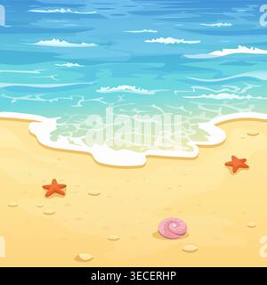 Scène de plage de dessin animé mignon avec des vagues douces, rivage de sable, coquillage et étoiles de mer. Illustration vectorielle avec fond balnéaire d'été lumineux. Illustration de Vecteur