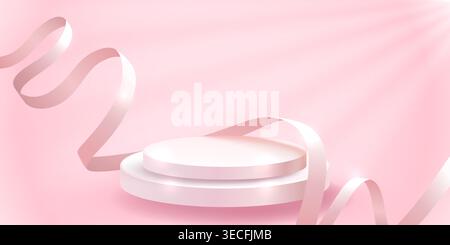Podium rose minimaliste avec un ruban gracieux. Parfait pour l'affichage de produits ou la publicité cosmétique, avec des rayons lumineux doux. Illustration vectorielle Illustration de Vecteur
