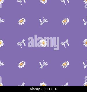 Motif aquarelle sans couture avec des fleurs de camomille blanche et des rubans de dentelle. Le design est placé sur un fond violet tendance, créant un charme Banque D'Images