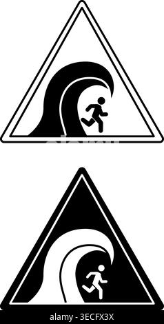 Panneaux de risque de tsunami. Icônes vectorielles noir et blanc. Homme fuyant une grosse vague. Signe d'avertissement de danger Illustration de Vecteur