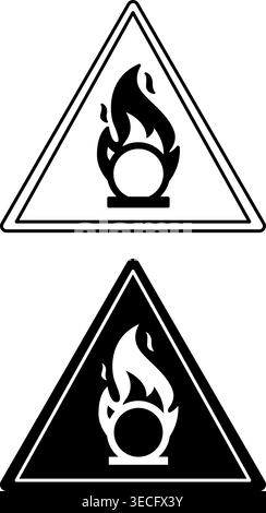 Signes de comburant. Icônes vectorielles noir et blanc. Substances combustibles et produits chimiques qui s'oxydent. Signe d'avertissement de danger Illustration de Vecteur