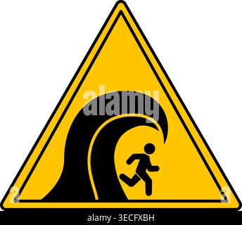 Panneau jaune de risque de tsunami. Icône vectorielle. Homme fuyant une grosse vague. Signe d'avertissement de danger Illustration de Vecteur