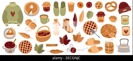 Illustrations d'automne dessinées à la main, feuille d'érable, chat, pull, chaussettes chaudes, tarte à la citrouille et aux cerises pour les projets cozy vibes d'automne Illustration de Vecteur