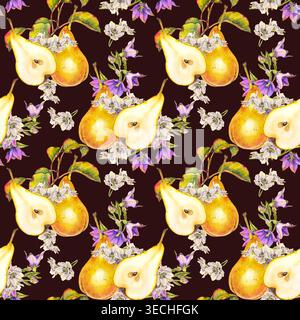 Motif aquarelle sans couture avec des poires jaunes entières et tranchées avec des fleurs blanches et violettes sur les branches. Illustration pour emballage, tissu, wa Banque D'Images