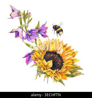 Illustration aquarelle avec un tournesol jaune, des clochettes violettes et une abeille volante peinte dans un style rustique réaliste. Illustration pour l'emballage ECO Banque D'Images