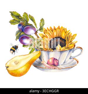 Illustration aquarelle tournesol dans la tasse vintage branche de prune tranchée d'escargot de poire jaune sur la soucoupe volante bourdon. Illustration pour le café d'emballage Banque D'Images