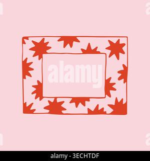 Cadre rectangulaire dessiné à la main décoré de formes d'étoiles rouges sur fond rose. Bordure minimaliste de doodle vecteur pour les cartes de voeux festives et Illustration de Vecteur