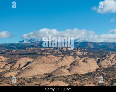 Vue aérienne de vastes formations rocheuses rouges et de plateaux désertiques avec des sommets de montagne enneigés sous un ciel bleu vif. Banque D'Images