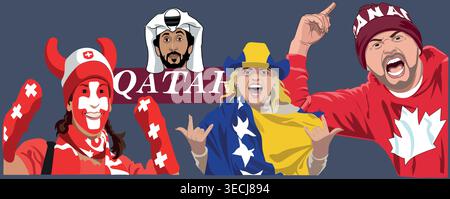Illustration vectorielle dessinée à la main des fans de football du Groupe B du Canada, de la Suisse, de la Bosnie-Herzégovine et du Qatar, collection Coupe du monde 2026 Illustration de Vecteur