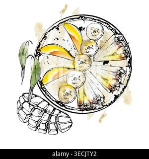 Bol à smoothie avec garniture radiale de quartiers d'ananas, tranches de mangue et de banane. Illustration isolée dessinée à la main à l'aquarelle, à l'encre. Coiffure alimentaire Banque D'Images
