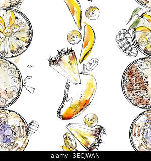 Petit déjeuner smoothie bols d'avoine, filet de miel, mangue tropicale, quartiers d'ananas, baies éparpillées. Modèle sans couture dessiné à la main, ligne d'encre Banque D'Images