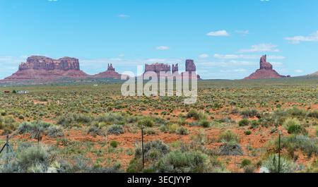 Vaste paysage de désert avec des Buttes emblématiques sous ciel bleu clair Banque D'Images