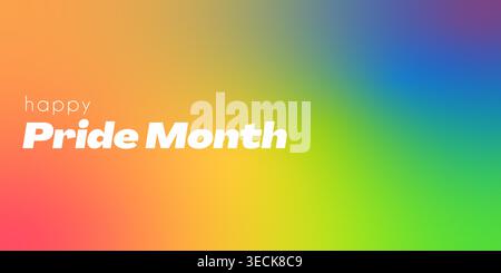 Fond dégradé arc-en-ciel vibrant avec la typographie Happy Pride Month. Bannière de célébration LGBTQ minimaliste, en-tête de transition floue colorée pour soc Illustration de Vecteur