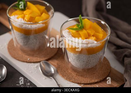 Deux puddings en couches sont servis dans des tasses en verre à double paroi sur une planche de bois rustique. Des morceaux de mangue éclatants et de la noix de coco râpée recouvrent le chia BA lisse Banque D'Images