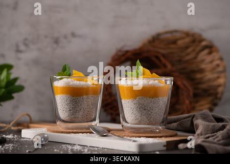 Deux couches de pudding de chia crémeux surmontées de purée de mangue brillante et de noix de coco râpée. Un éclairage naturel doux met en valeur les graines texturées et rustiques Banque D'Images