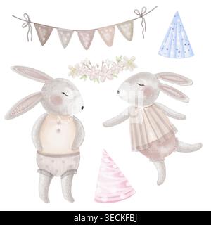 Ensemble lapin aquarelle avec couple de lapins mignons, chapeaux de fête, couronne florale et drapeaux de banderole Banque D'Images