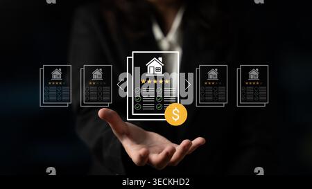 Un professionnel des affaires présente des options immobilières numériques, en mettant l'accent sur les notations et les symboles financiers, en soulignant les aspects de l'investissement et Banque D'Images