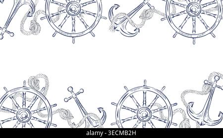 Un cadre vectoriel horizontal avec un thème nautique comprenant une ancre, une roue de navire et une corde. Tous les objets sont dessinés à la main avec de l'encre. Convient pour Illustration de Vecteur